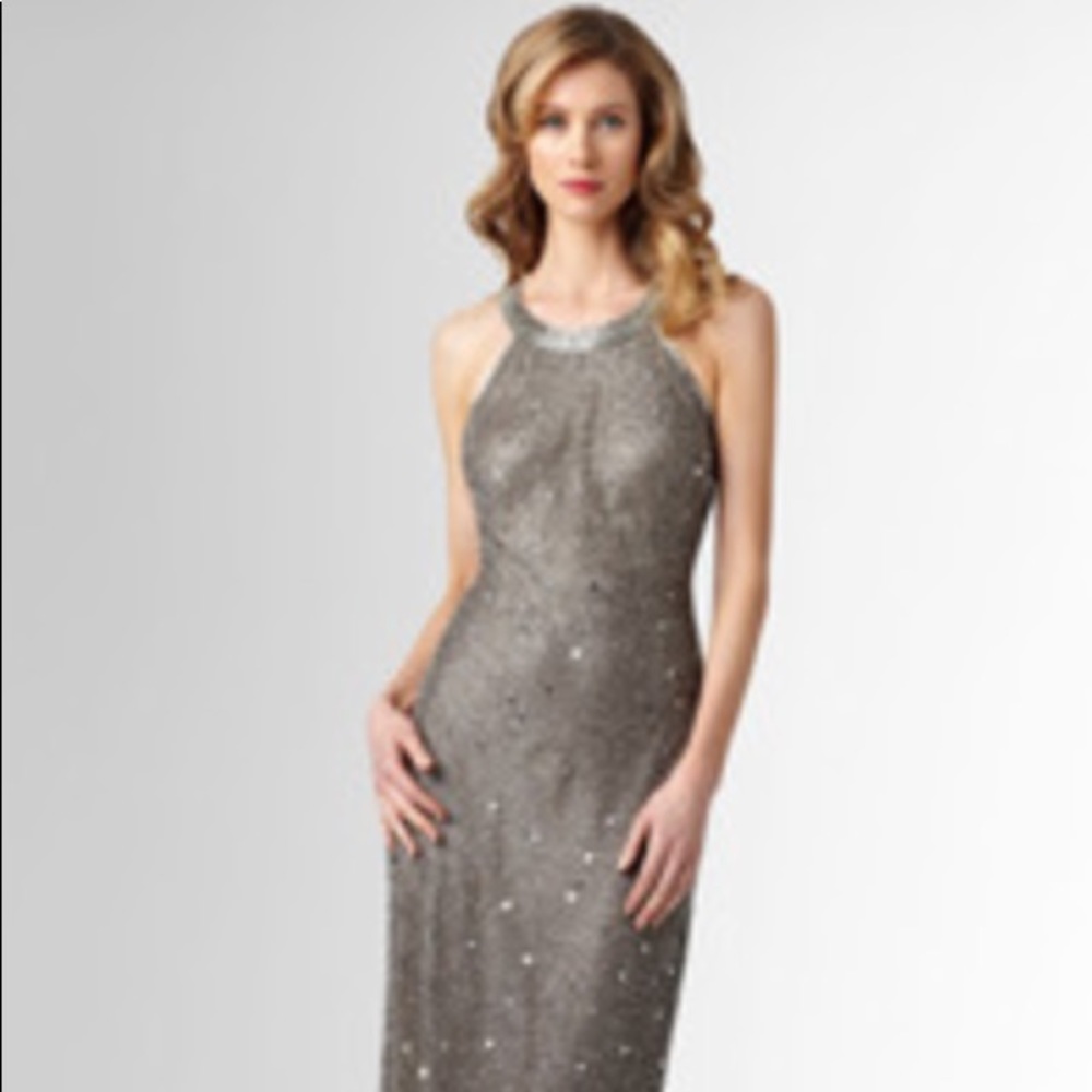 Adrianna papell beaded halter mesh gown